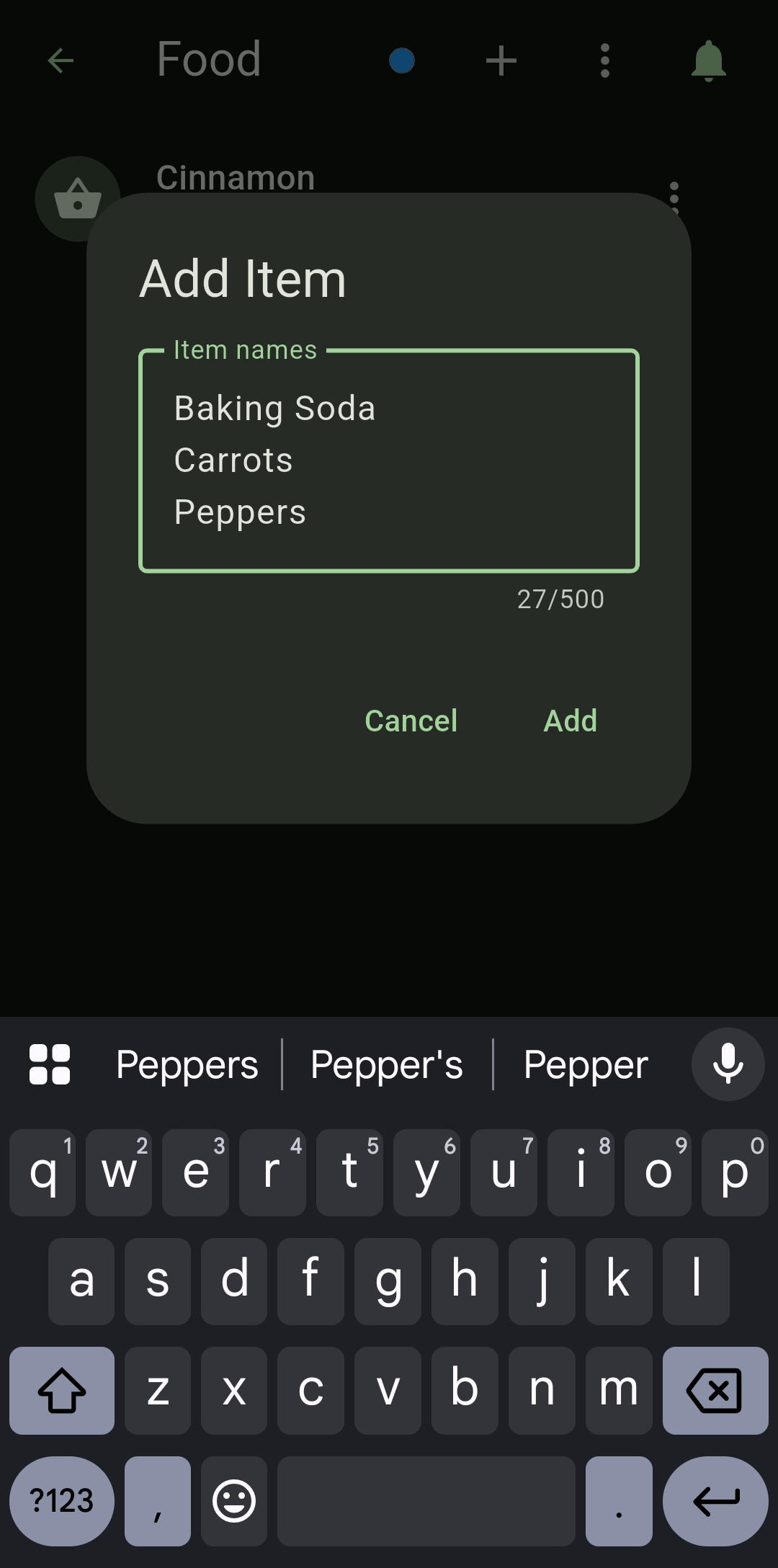 Sovernus shopping list screen